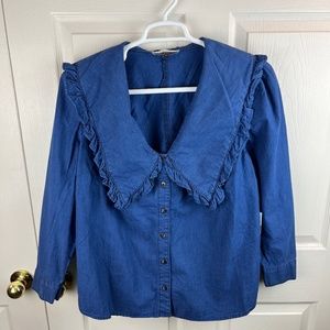 Eloquii Elements Chambray Oversized Collar Top Blue Size 14